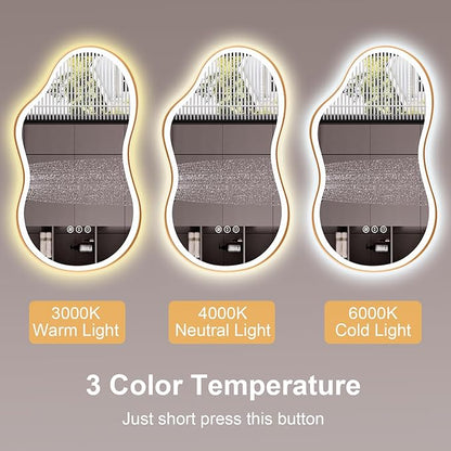 WTTY LED Irregular Bathroom Mirror 26x46 Inch with Front & Back Lights - Asymmetrical Design, Anti-Fog, Dimmable 3 Color Temperatures, Shatterproof Glass, Horizontal or Vertical Mount (Gold Frame)