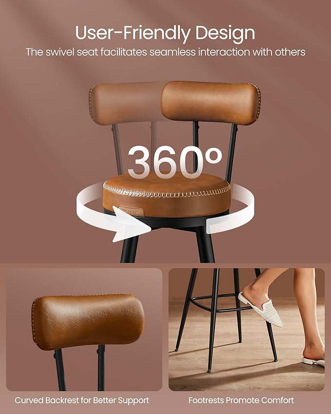 VASAGLE EKHO Collection - Bar Stools Set of 2, Swivel Bar Height Bar Stools with Back, Synthetic Leather with Stitching, Mid-Century Modern, 30-Inch Tall Barstools for Kitchen Home Bar, Caramel Brown