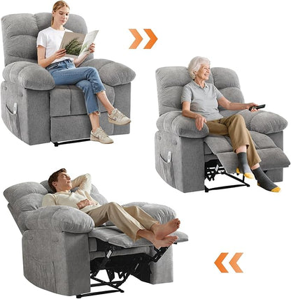 Recliner Rocking Chair with Massage and Heat, Wide Overstuffed Ergonomic Fabric Recliner with Breathable Upholstery, 2 Side Pockets & Remote Control for Living Room or Bedroom