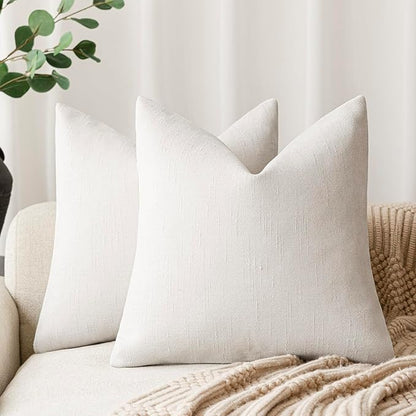 Foindtower Pack of 2 Soft Textured Throw Decorative Pillow Covers Square Accent Solid Cushion Cover Cozy Neutral Farmhouse Pillow Case for Couch Sofa Bedroom Living Room 18x18 Inch, Ivory White