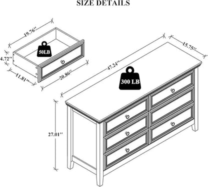 Dresser for Bedroom 6 Drawers Dresser - 47.2" Wide 6 Chest of Drawers Storage Double Cabinet as Bedfoot Organizer & Wardrobe Cabinet（Antique White & Brown）