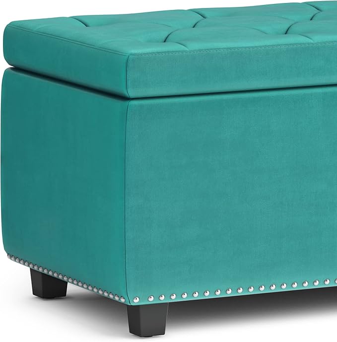 SIMPLIHOME Hamilton 48 inch Wide Traditional Rectangle Storage Ottoman in Aqua Blue Velvet Fabric, Assembled for the Living Room, Entryway and Family Room