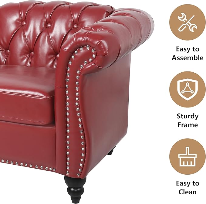 Chesterfield Loveseat Sofa, Modern Leather Small Sofa Couch 2 Seater with Rolled Arms and Nailhead, Mid Century Modern Loveseat Couch for Small Spaces Living Room Bedroom Apartment, Claret