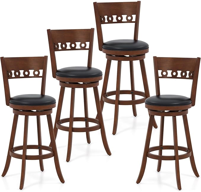 COSTWAY Bar Stools Set of 4, 30.5” Bar Height Bar stools with Solid Wood Legs, Cushioned Seat, Footrest, for Home, Kitchen Island, Bar (4, 30.5'' Seat Height)
