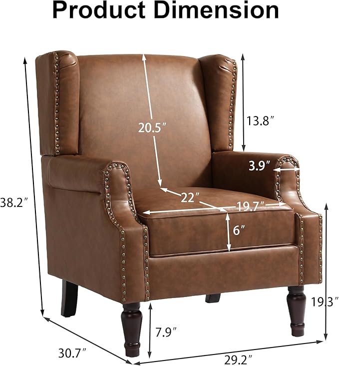 Pia Ricco Set of 2 Faux Leather Accent Chairs, High Back Wingback Armchairs with Retro Floral Design, Nailhead Trim & Solid Wood Legs for Living Room Bedroom Home Office (Brown)