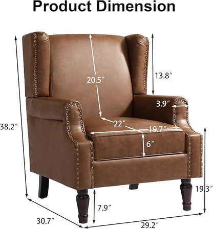 Pia Ricco Set of 2 Faux Leather Accent Chairs, High Back Wingback Armchairs with Retro Floral Design, Nailhead Trim & Solid Wood Legs for Living Room Bedroom Home Office (Brown)