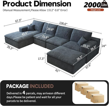 136.6'' U-Shaped Modern Modular Sectional Cloud Couch Whit Ottoman, 4-Seat Chenille Deep-Seat Sofa with Pillow for Living Room, Bedroom, Apartment, Ocean Blue