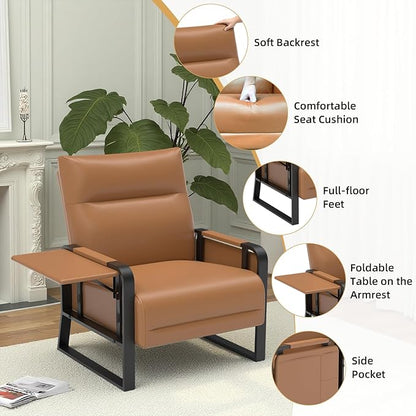 Faux Leather Accent Chair with Flip Up Tray Table Soft Backrest Side Pocket for Living Room Office Bedroom Leather Accent Chair, Brown
