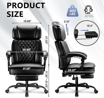 400lbs Executive Office Chair with Foot Rest for Heavy People, Ergonomic Big and Tall Desk Chair with Adjustable Headrest, High Back PU Leather Comfy Heavy Duty Computer Chair