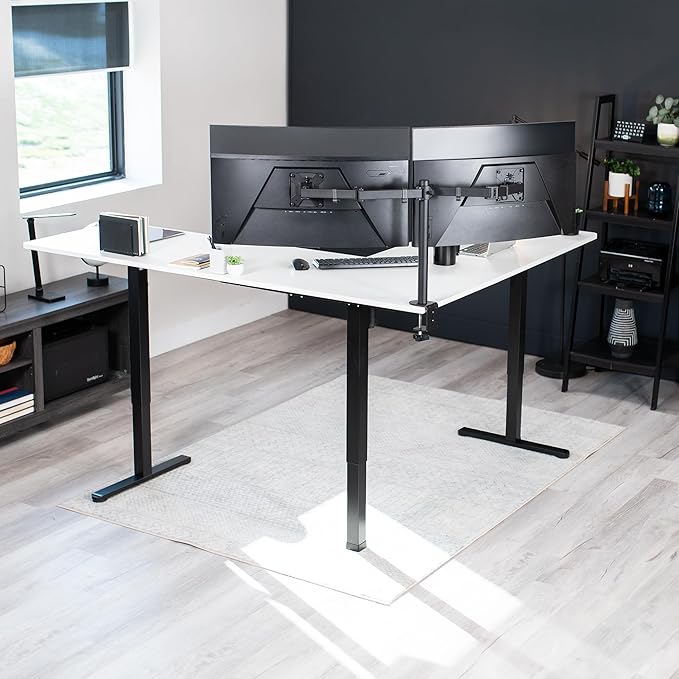 VIVO Corner Standing Desk, 75 x 63 inch Reversible L-Shaped Workstation, Electric Height Adjustment, Home, Office, and Reception Rooms, White Table Top Black Frame, DESK-E3CTBW-75