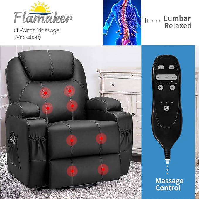 Flamaker Power Lift Recliner Chair Electric Lift Recliner for Elderly Power Lift Recliner Chair with Cup Holders Side Pockets for Living Room (Leather, Dark Black)