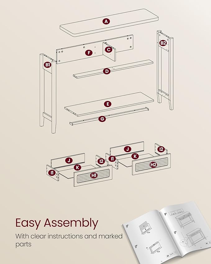 VASAGLE Console Table, Sofa Table, Narrow Entryway Table with 2 Drawers, Open Storage Shelf, Rounded Corners, for Living Room, Boho Style, Oak Beige ULNT016Y57V1