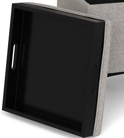 SIMPLIHOME Natasha 18 inch Wide Mid Century Square Mid Century Storage Ottoman with Tray in Cloud Grey Polyester Linen, Assembled, For the Living Room, Entryway and Family Room