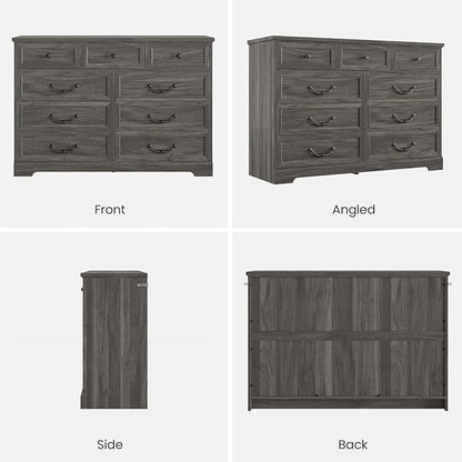 DICTAC Farmhouse 9 Drawers Dresser for Bedroom, Wide Dressers Chest of Drawers, Large Storage Closet Organizer with Natural Texture and Vintage Metal Handle, Wooden Dresser TV Stand for Living Room