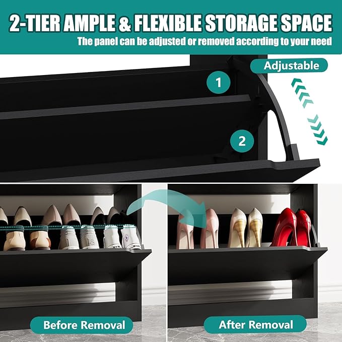 Shoe Storage Cabinet for Entryway with 4 Flip Drawers, Sturdy Wood Hidden Shoe Storage, Freestanding Narrow Slim Shoe Organizer for Front Door Entrance, Living Room, Hallway, Bedroom, Black
