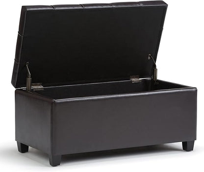 SIMPLIHOME Sienna 33 inch Wide Transitional Rectangle Storage Ottoman Bench in Tanners Brown Vegan Faux Leather, Assembled, For the Living Room, Entryway and Family Room