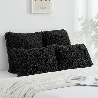 FUTEI Black Decorative Throw Pillow Covers 22x22 Inch Set of 2,Soft Fluffy Faux Wool Fur Boucle Textured Cushion Case,Modern Home Decor for Couch Bed Living Room Office