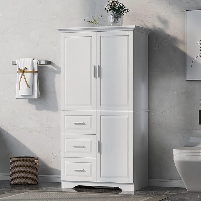 P PURLOVE Bathroom Storage Cabinet with 3 Drawers,Tall and Wide Bathroom Cabinet Standing,Wood Freestanding Tall Bathroom Cabinet for Kitchen,Living Room