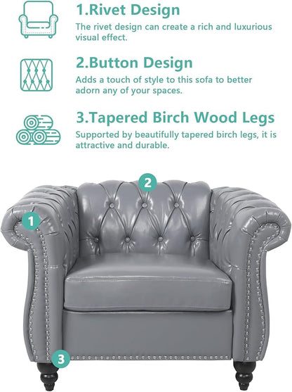 Accent Sofa Chair for Living Room, Modern PU Leather Upholstered Armchair, Oversized Comfy Single Sofa Chair with Cushion, Mid Century Tufted Chesterfield Sofa Couch for Bedroom, Apartment (Grey)