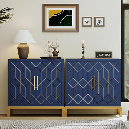 HLR Accent Cabinet with Gold Trim Set of 2,Storage Cabinet with 2 Doors,Modern Wooden Sideboard for Living Room, Kitchen, Office and Hallway(Blue)
