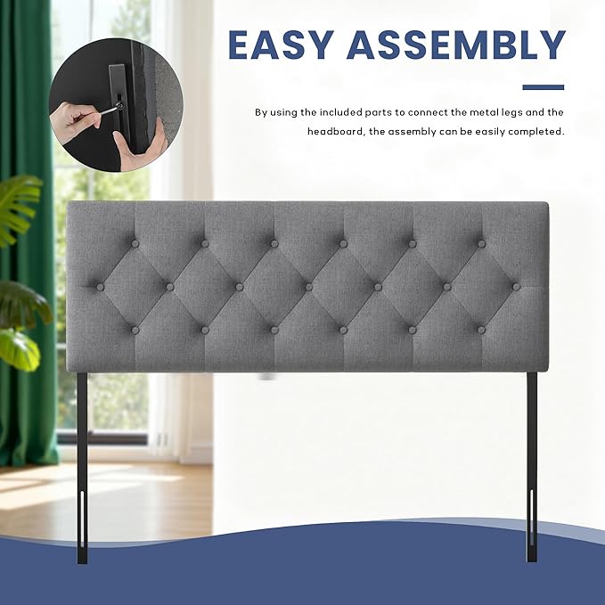 Tufted Upholstered Headboard Queen Size, Solid Wood Head Board with Durable Metal Legs, Linen Fabric Padded Headboard, Adjustable Height from 37” to 51”, Modern Button Design Head Board, Grey