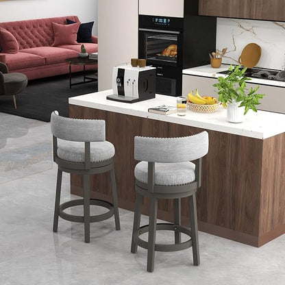 COSTWAY Bar Stool Set of 2, 27-inch 360° Swivel Barstool with Upholstered Back & Seat, Solid Rubber Wood Legs & Footrest, Farmhouse Counter Height Chair for Home, Bar, Cafe, Grey (2, Seat height 27‘’)