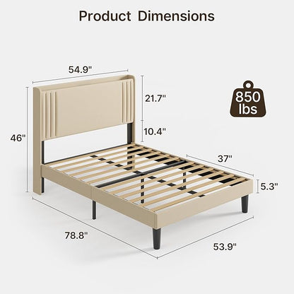 Gizoon Full Bed Frame with Charging Station and LED Lights,Upholstered Wingback Platform Bed with Wooden Slats,Noise-Free,No Box Spring Needed