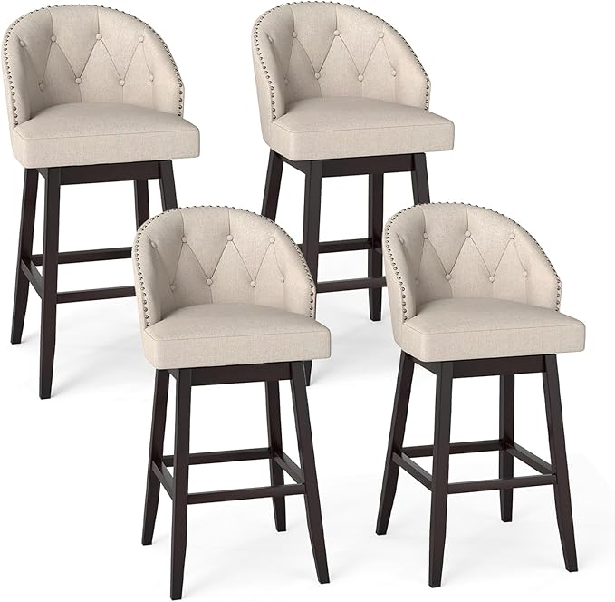 COSTWAY Bar Stools Set of 4, 31’’ Swivel Bar Stools with Rubber Wood Legs & Padded Back, Breathable Linen Fabric, Stylish Tufted Design & Rivet Decoration, Adjustable Foot Pads (4, Beige + Brown)