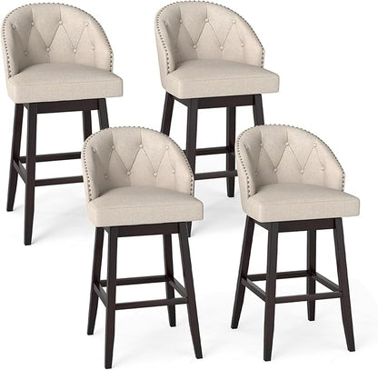 COSTWAY Bar Stools Set of 4, 31’’ Swivel Bar Stools with Rubber Wood Legs & Padded Back, Breathable Linen Fabric, Stylish Tufted Design & Rivet Decoration, Adjustable Foot Pads (4, Beige + Brown)