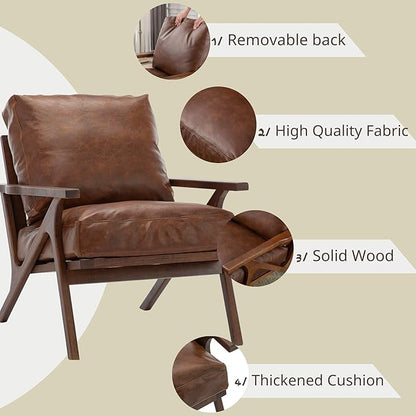 Wahson Brown Leather Mid-Century Modern Accent Chair and Ottoman Set, Retro Upholstered Armchair with Wood Frame and Removable PU Cushions, Large Leisure Slipper Chair for Living Room/Bedroom