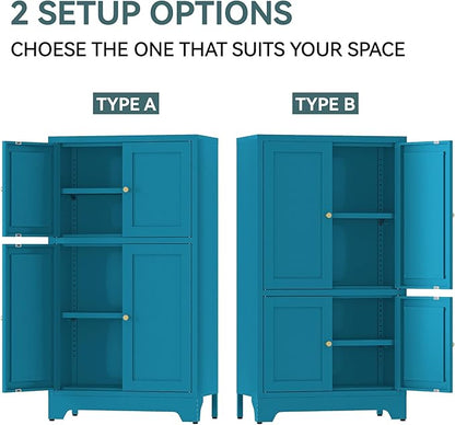 Blue Bathroom Floor Cabinet, Metal Storage Cabinet with 2 Adjustable Shelves & 4 Doors,Freestanding Sideboard for Dining Room,Living Room, Home Office