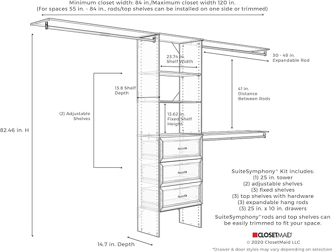 ClosetMaid SuiteSymphony Closet Organizer with Shelves and 3 Drawers, 25-Inch-Natural Gray