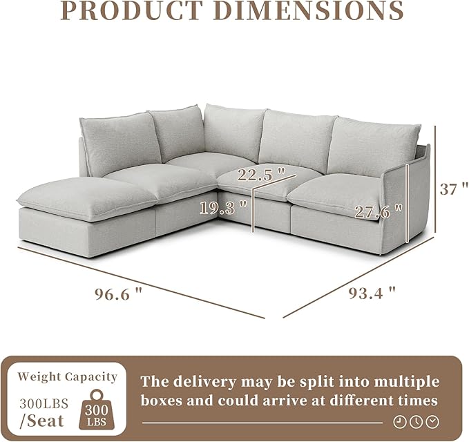 Waterproof Cloud Sectional Sofa for Living Room,High Backrest Down Filled Couches,5 Seater Oversized Modular V-Shaped Sofa,Detachable Couch Covers,Light Grey