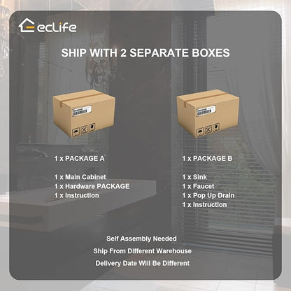 eclife 24" Bathroom Vanities Cabinet with Sink Combo, Wall Mounted Floating Cabinet W/Decor Line, Soft-Close System, 2 Extra Big Drawers, Matte Black Faucet, Black