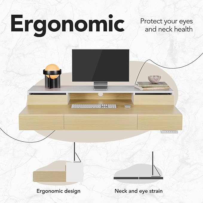 HUANUO Electric Standing Desk with Drawers, 48 Inches Height Adjustable Stand Up Desk with Monitor Shelf, Whole-Piece Board Computer Workstation with 4 Memory Height Settings, Light Walnut