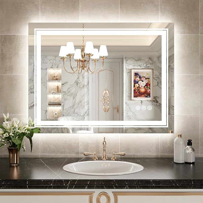 WTTY LED Bathroom Mirror 40"x36" with RGB Backlit and Front Light,Stepless Dimmable LED Mirror for Bathroom,Lighted Bathroom Vanity Mirror,Anti-Fog,Memory Function,Shatter-Proof,Wall Mounted