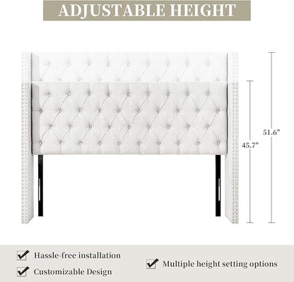 Lucky Monet Linen Upholstered Headboard Queen Size (Headboard Only), Nail Head Trim Wingback Tufted Button Headboard Luxury Soft Padded Head Board with Durable Metal Legs, Adjustable Height, Beige