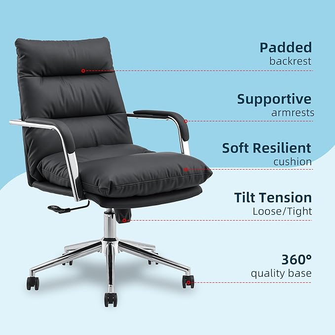 Leather Home Office Desk Chair, Executive Comfy Desk Chair with Support Armrests, Swivel Wheels, Height Adjustable, Mid Back, 360 Swivel, Computer Chair for Office Room, Black