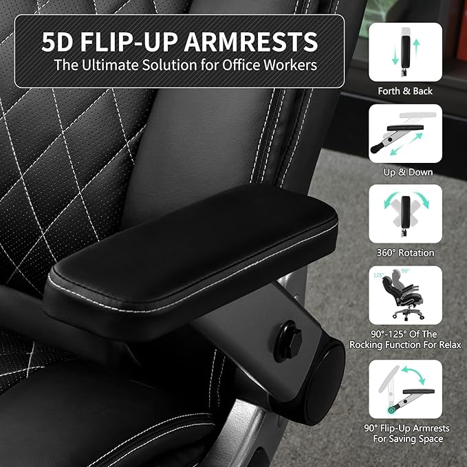 Big and Tall Office Chair with 5D Arms, 600lbs Heavy Duty Desk Chair with Adjustable Lumbar Support, PU Leather High Back Ergonomic Executive Computer Chair with 3'' Silent Casters