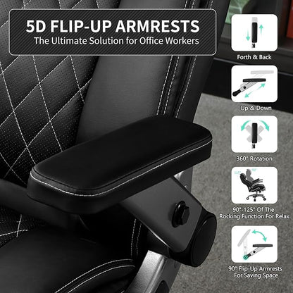 Big and Tall Office Chair with 5D Arms, 600lbs Heavy Duty Desk Chair with Adjustable Lumbar Support, PU Leather High Back Ergonomic Executive Computer Chair with 3'' Silent Casters