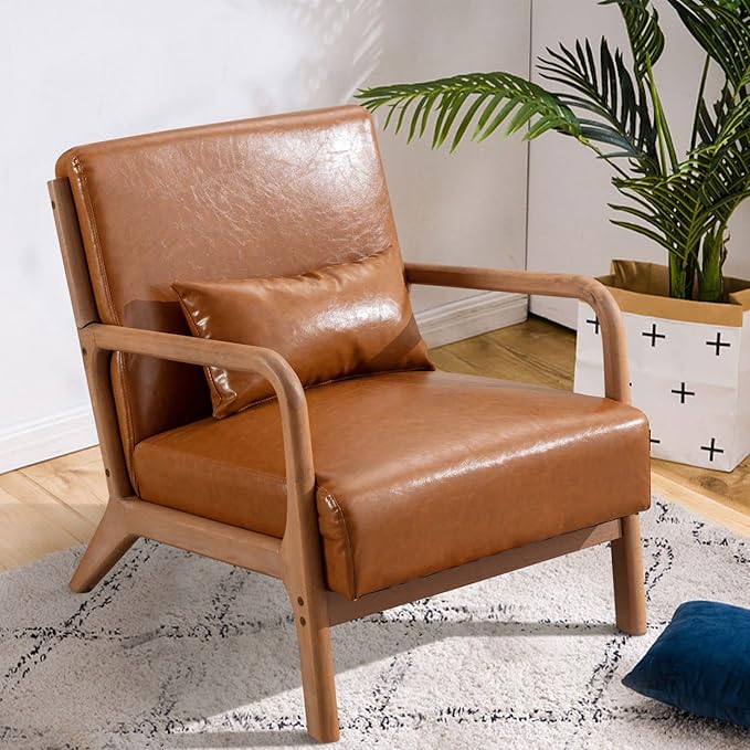 INZOY Mid-Century Modern Accent Chair Set of 2, PU Leather Reading Armchair with Waist Cushion, Upholstered Living Room Chairs for Bedroom Sunroom, Camel Set