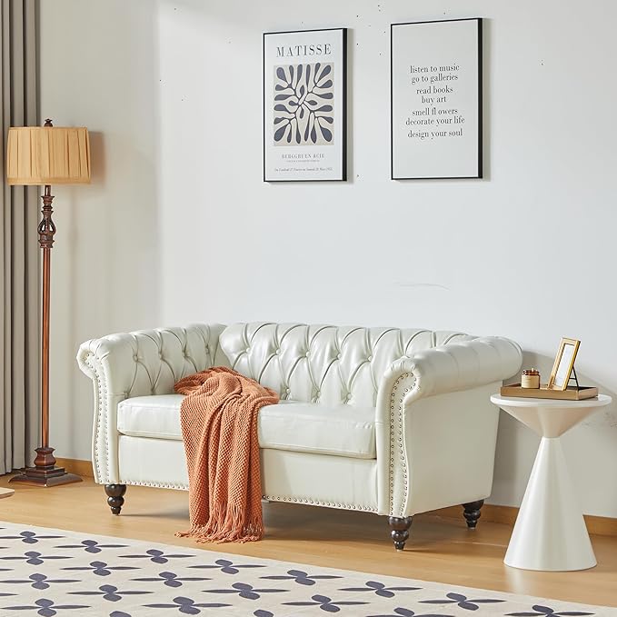 LEVNARY Leather Sofa, Chesterfield Tufted Upholstered 2 Seater Couch, Modern Loveseat Couch Classic Furniture for Living Room Bedroom (Cream White)