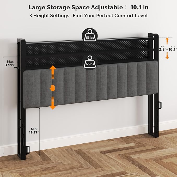 VINGLI Full Size Headboard Only, Adjustable Upholstered Headboard with 3 Tier Shelves and Pegboard with Charging Stations and LED Lights, Modern Bed Headboard with Storage for Bedroom Decor
