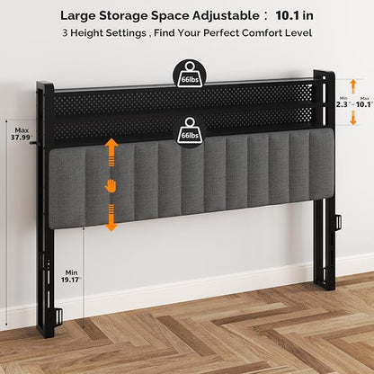 VINGLI Full Size Headboard Only, Adjustable Upholstered Headboard with 3 Tier Shelves and Pegboard with Charging Stations and LED Lights, Modern Bed Headboard with Storage for Bedroom Decor
