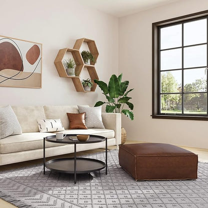 SIMPLIHOME Brody 30-inch Wide Large Square Coffee Table Pouf in Distressed Dark Brown, Vegan Faux Leather Ottoman, Footrest, or Extra Seating for Living Room, Assembled