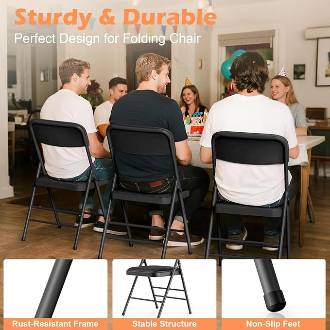 Commercial Grade Folding Chair with Padded Fabric Cushion（16"X16" |Double-hinged Legs Luxury Style|4.5kg Capacity Max Weight 150Kg for Home and Office,Indoor and Outdoor Events (2, PU-Black)