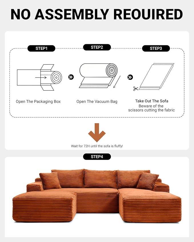 108" Cloud Sectional Couch,Modern Modular Sectional Sofa with Deep Seat,Corduroy Boneless Couches with L-Shape Chaise for Living Room,No Assembly Required (Orange, Right Facing Chaise + Ottoman)