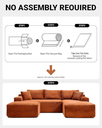 108" Cloud Sectional Couch,Modern Modular Sectional Sofa with Deep Seat,Corduroy Boneless Couches with L-Shape Chaise for Living Room,No Assembly Required (Orange, Right Facing Chaise + Ottoman)