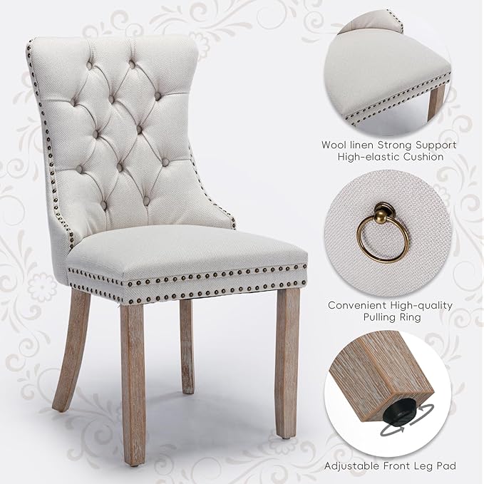 Linen Upholstered Dining Chairs Set of 2, Modern Style Kitchen Side Chairs with Nailhead Trim and Wood Leg, Metal Pulling Ring for Dining Room Living Room(Beige,Set of 2)