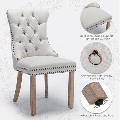 Linen Upholstered Dining Chairs Set of 4, Modern Style Kitchen Side Chairs with Nailhead Trim and Wood Leg, Metal Pulling Ring for Dining Room Living Room(Beige,Set of 4)
